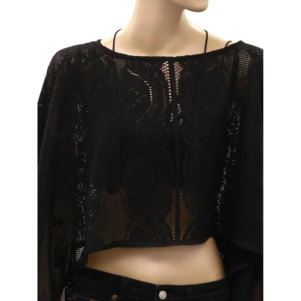 Free People Elsa Poncho Cropped Top Sheer Crochet Lace Draped Black OS 290717